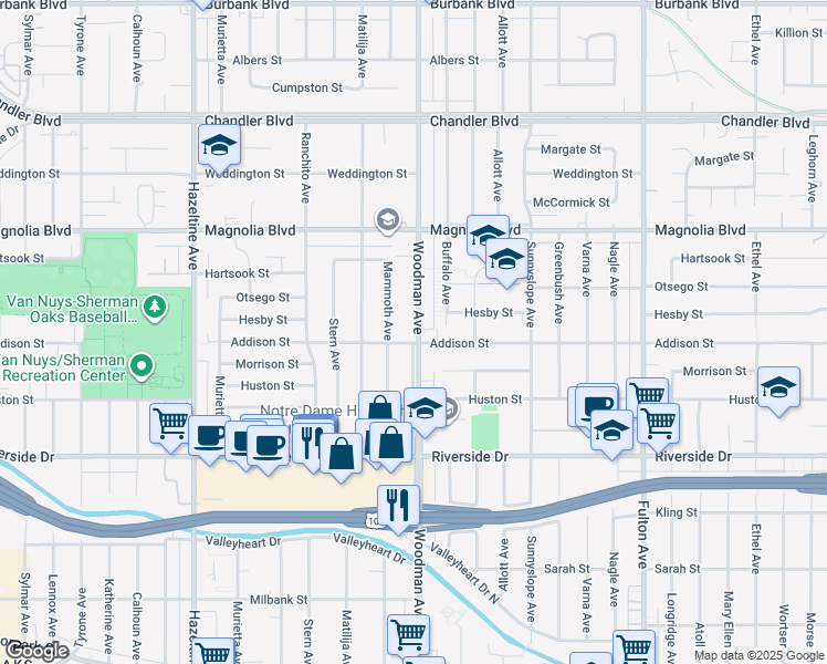 map of restaurants, bars, coffee shops, grocery stores, and more near 4958 Woodman Avenue in Los Angeles