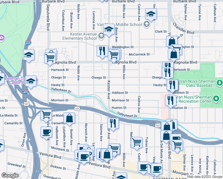 map of restaurants, bars, coffee shops, grocery stores, and more near 14838 Addison Street in Los Angeles