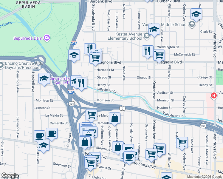 map of restaurants, bars, coffee shops, grocery stores, and more near 15200 Valleyheart Drive in Los Angeles