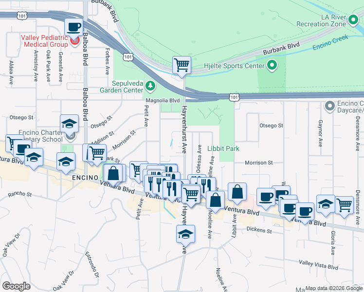 map of restaurants, bars, coffee shops, grocery stores, and more near 4955 Hayvenhurst Avenue in Los Angeles