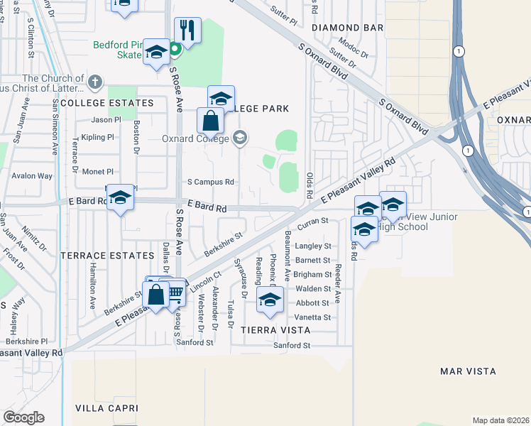 map of restaurants, bars, coffee shops, grocery stores, and more near 2065 East Bard Road in Oxnard