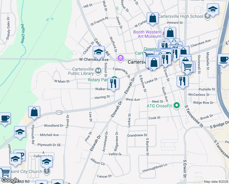 map of restaurants, bars, coffee shops, grocery stores, and more near 219 Fite Street in Cartersville