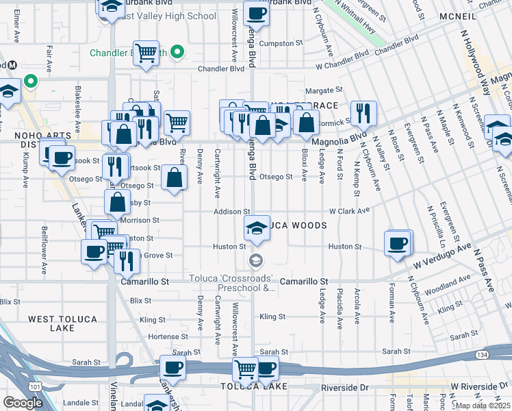 map of restaurants, bars, coffee shops, grocery stores, and more near 5010 Cahuenga Boulevard in Los Angeles