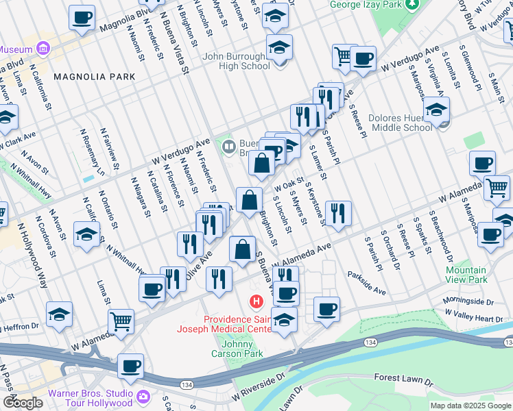 map of restaurants, bars, coffee shops, grocery stores, and more near 110 South Buena Vista Street in Burbank