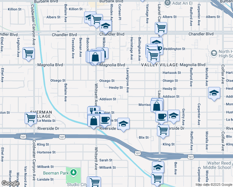 map of restaurants, bars, coffee shops, grocery stores, and more near 5018 Rhodes Avenue in Los Angeles