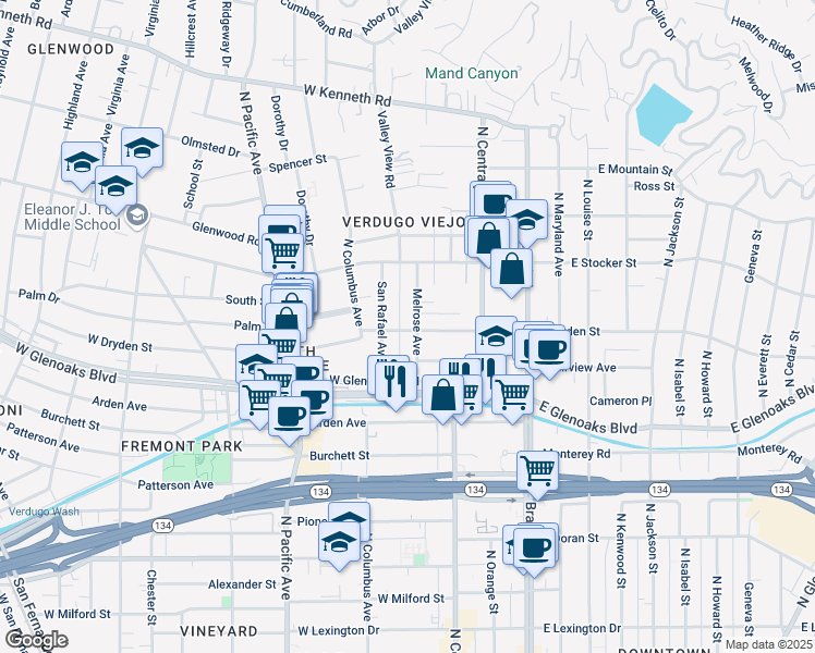 map of restaurants, bars, coffee shops, grocery stores, and more near 1101 Melrose Avenue in Glendale