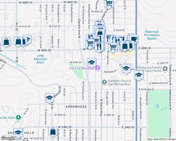 map of restaurants, bars, coffee shops, grocery stores, and more near 3884 North Mountain View Avenue in San Bernardino