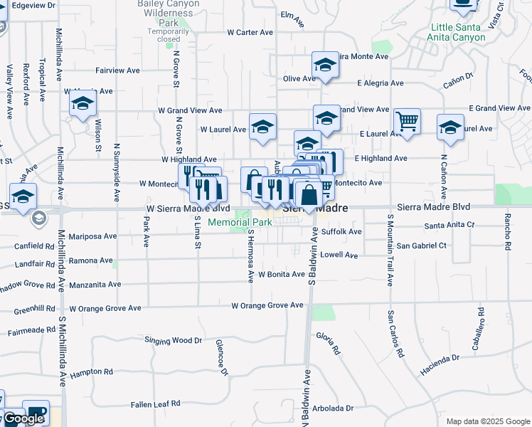 map of restaurants, bars, coffee shops, grocery stores, and more near 152 West Sierra Madre Boulevard in Sierra Madre