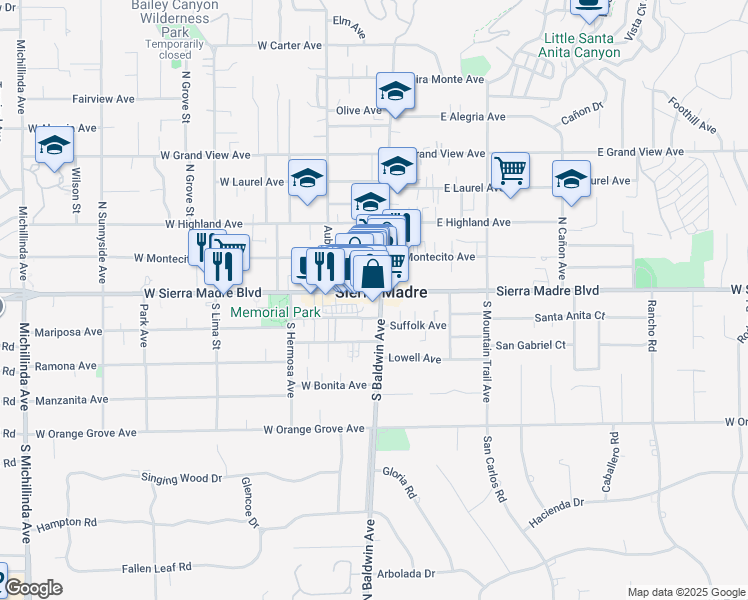 map of restaurants, bars, coffee shops, grocery stores, and more near 2 West Sierra Madre Boulevard in Sierra Madre