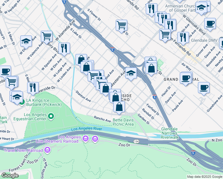map of restaurants, bars, coffee shops, grocery stores, and more near 320 Western Avenue in Glendale