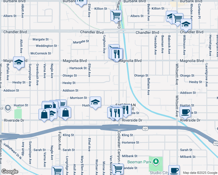 map of restaurants, bars, coffee shops, grocery stores, and more near 12939 Addison Street in Los Angeles
