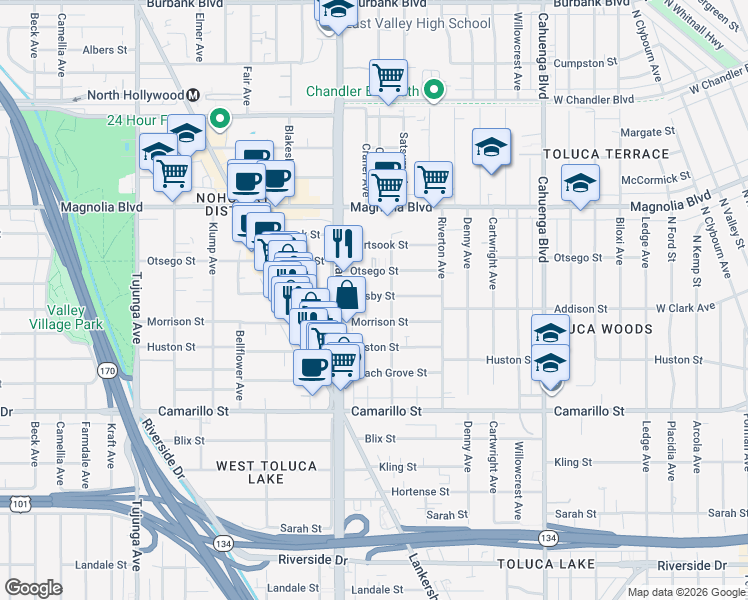 map of restaurants, bars, coffee shops, grocery stores, and more near 10939 Morrison Street in Los Angeles
