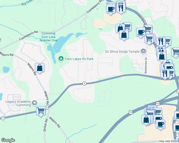 map of restaurants, bars, coffee shops, grocery stores, and more near 2894 Cross Creek Court in Cumming