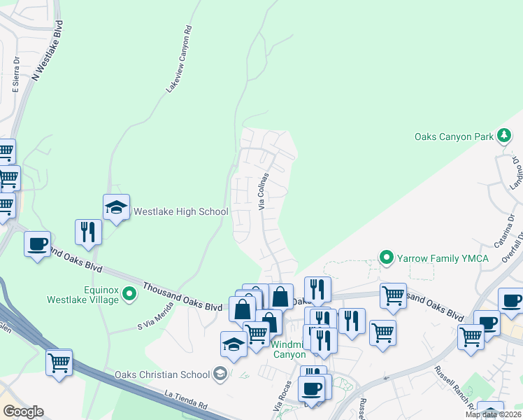 map of restaurants, bars, coffee shops, grocery stores, and more near Via Colinas in Thousand Oaks