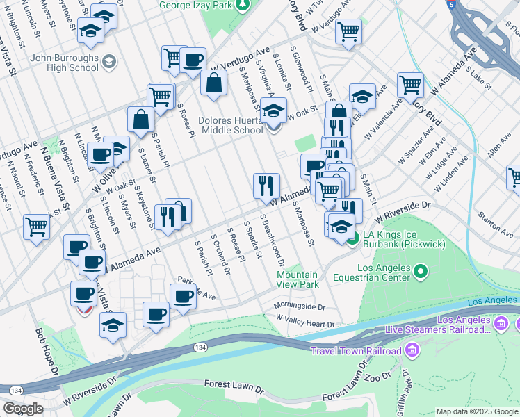 map of restaurants, bars, coffee shops, grocery stores, and more near W Alameda Ave & S Beachwood Dr in Burbank