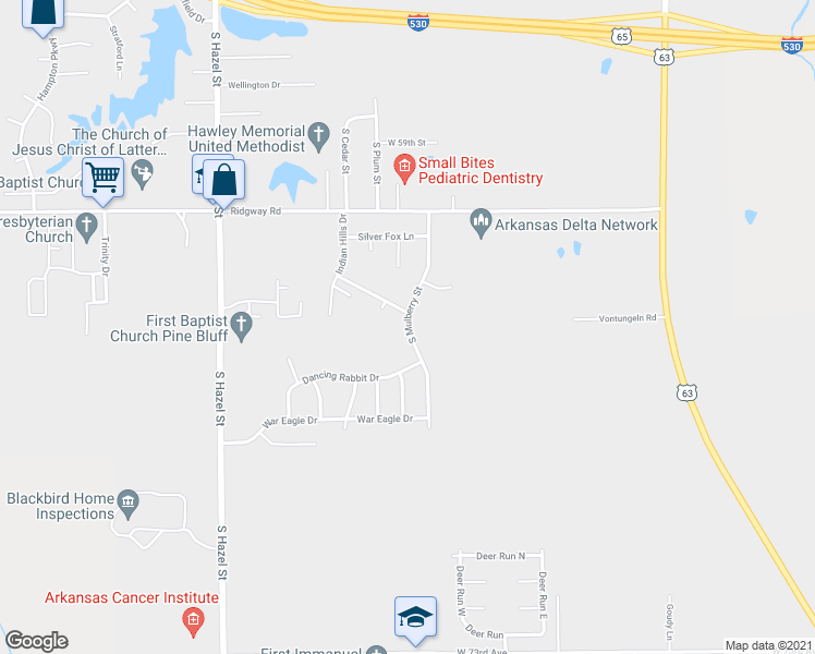 map of restaurants, bars, coffee shops, grocery stores, and more near South Mulberry Street in Pine Bluff