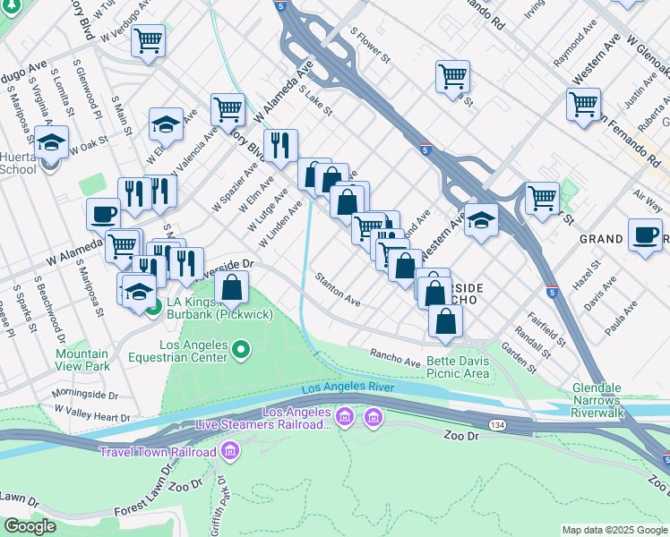 map of restaurants, bars, coffee shops, grocery stores, and more near 217 Thompson Avenue in Glendale