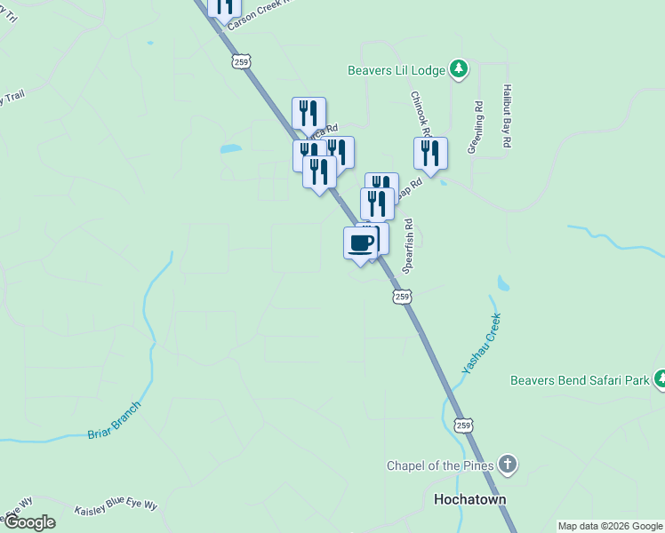 map of restaurants, bars, coffee shops, grocery stores, and more near 134 Willow Bend Road in Broken Bow