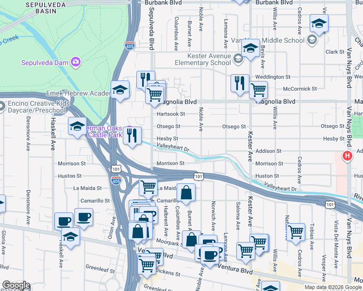 map of restaurants, bars, coffee shops, grocery stores, and more near 15157 Valleyheart Drive in Los Angeles