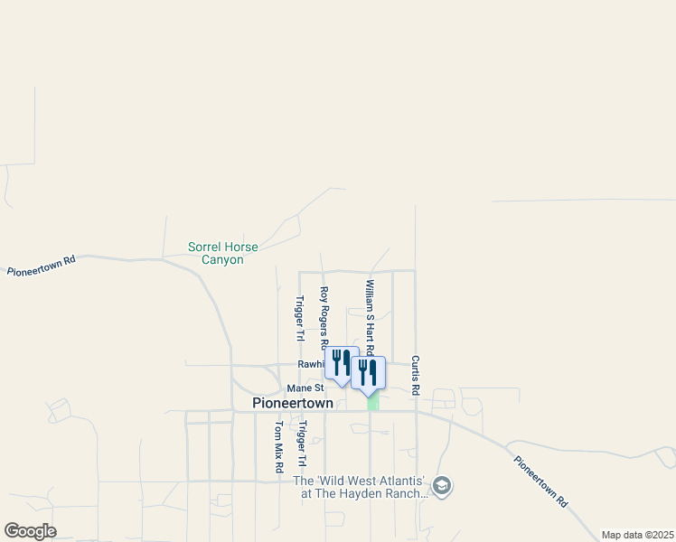 map of restaurants, bars, coffee shops, grocery stores, and more near Kimosabe Road in Pioneertown