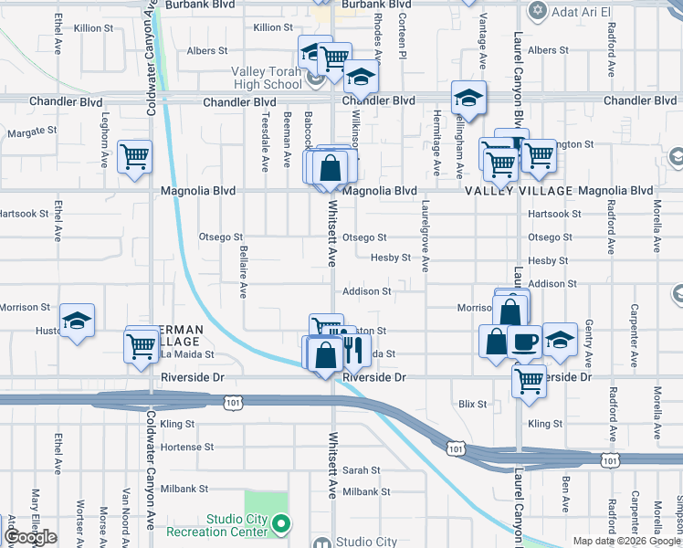 map of restaurants, bars, coffee shops, grocery stores, and more near 5014 Whitsett Avenue in Los Angeles
