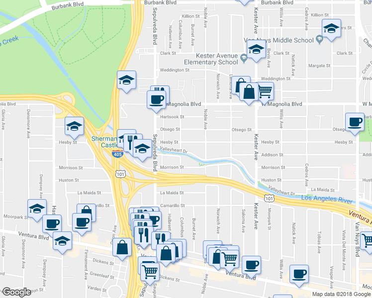 map of restaurants, bars, coffee shops, grocery stores, and more near 15157 Valleyheart Drive in Los Angeles