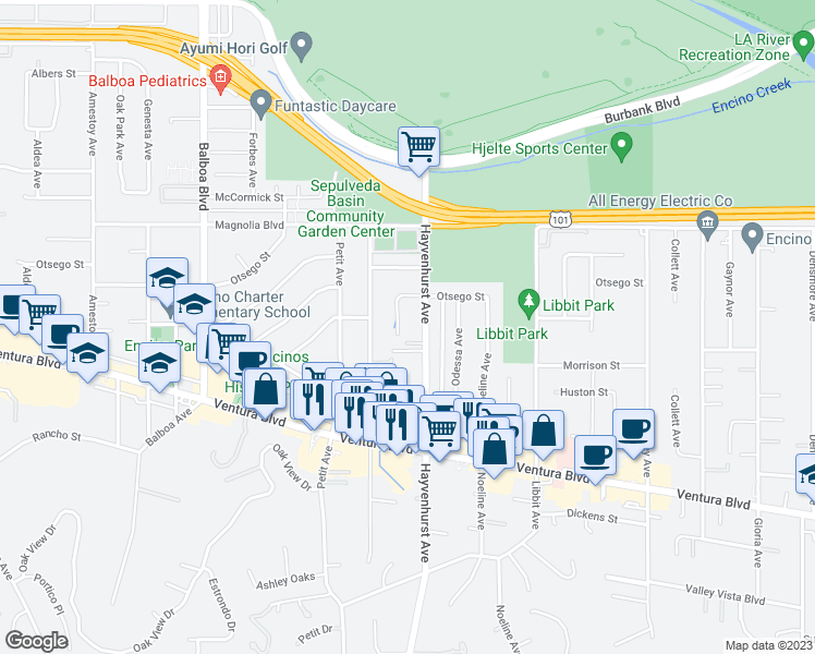 map of restaurants, bars, coffee shops, grocery stores, and more near 5012 Gerald Avenue in Los Angeles
