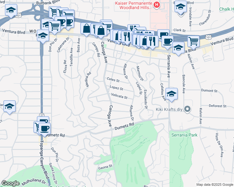map of restaurants, bars, coffee shops, grocery stores, and more near 21321 Velicata Street in Los Angeles