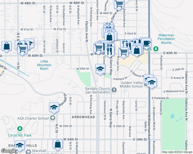 map of restaurants, bars, coffee shops, grocery stores, and more near 3884 North Mountain View Avenue in San Bernardino