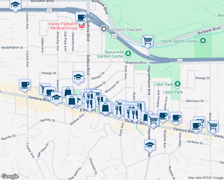 map of restaurants, bars, coffee shops, grocery stores, and more near 16728 Morrison Street in Los Angeles