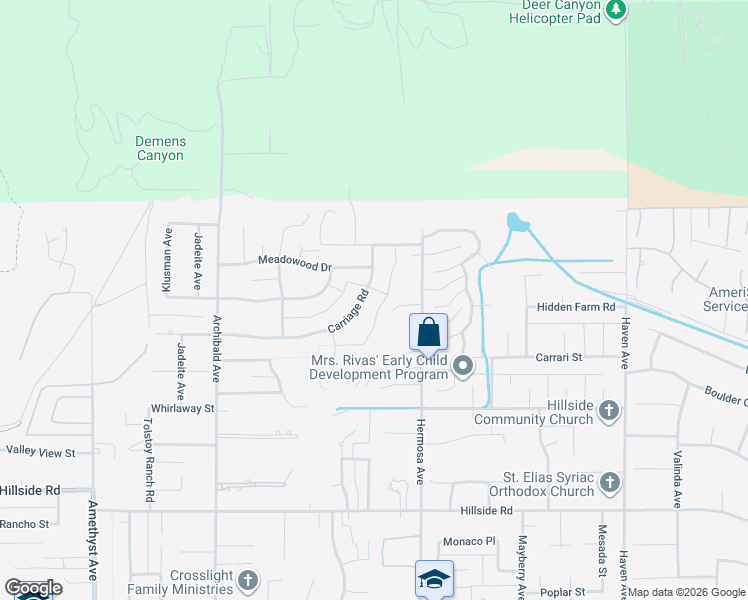 map of restaurants, bars, coffee shops, grocery stores, and more near 5101 Carriage Road in Rancho Cucamonga