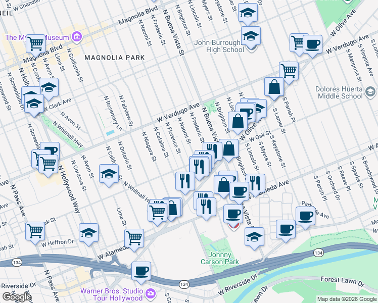 map of restaurants, bars, coffee shops, grocery stores, and more near 201 North Naomi Street in Burbank