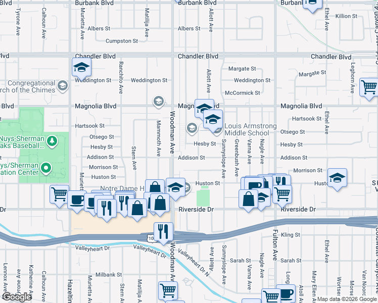 map of restaurants, bars, coffee shops, grocery stores, and more near 13614 Addison Street in Los Angeles