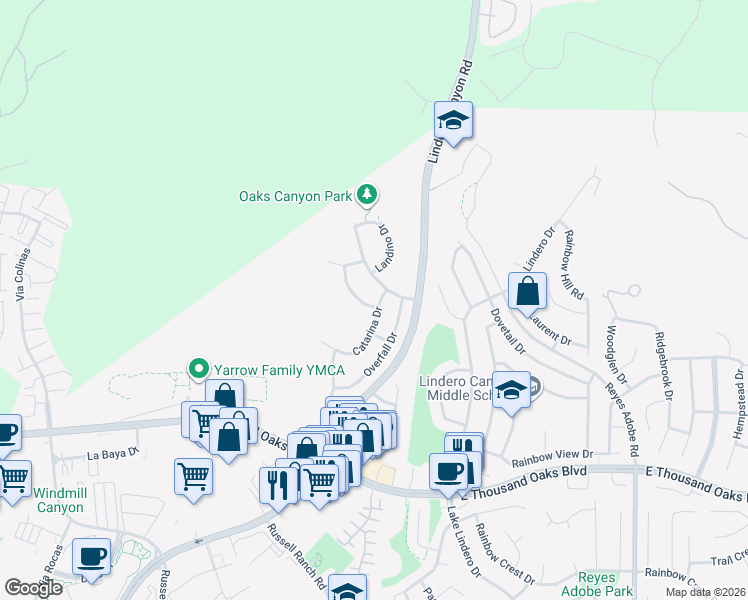 map of restaurants, bars, coffee shops, grocery stores, and more near 30817 Catarina Drive in Westlake Village