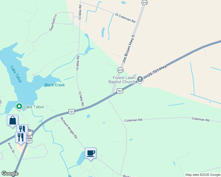 map of restaurants, bars, coffee shops, grocery stores, and more near 1599 East 5th Street in Tabor City