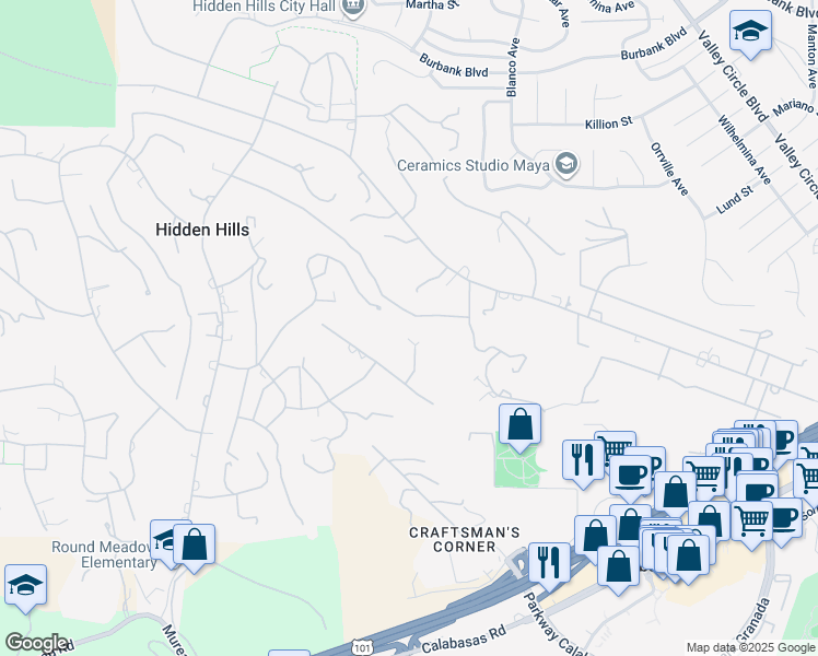 map of restaurants, bars, coffee shops, grocery stores, and more near 24255 Bridle Trail Road in Hidden Hills