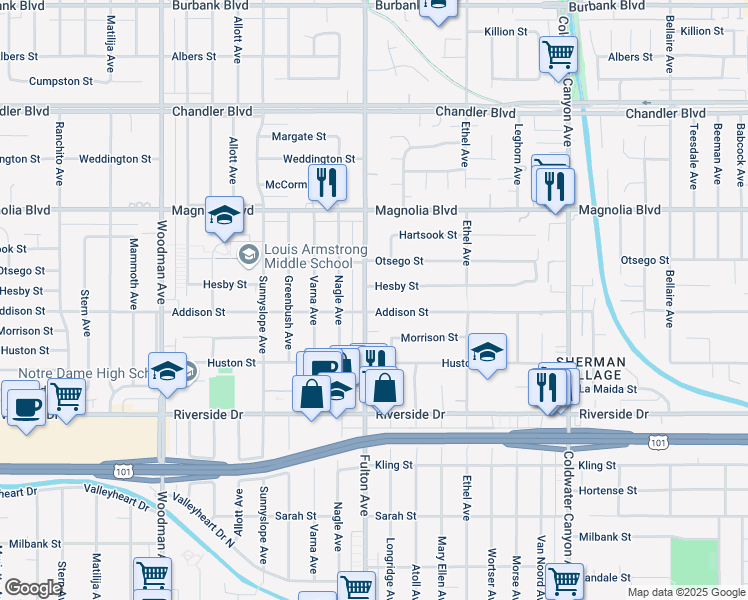 map of restaurants, bars, coffee shops, grocery stores, and more near 5010 Fulton Avenue in Los Angeles