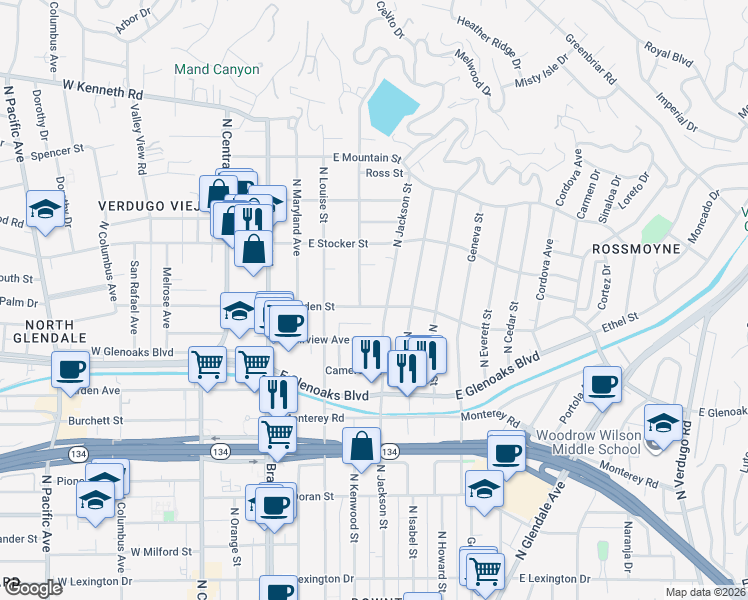 map of restaurants, bars, coffee shops, grocery stores, and more near 6 Sherman Lane in Glendale