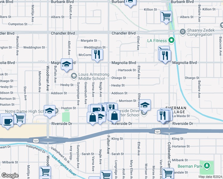 map of restaurants, bars, coffee shops, grocery stores, and more near 5010 Fulton Avenue in Los Angeles