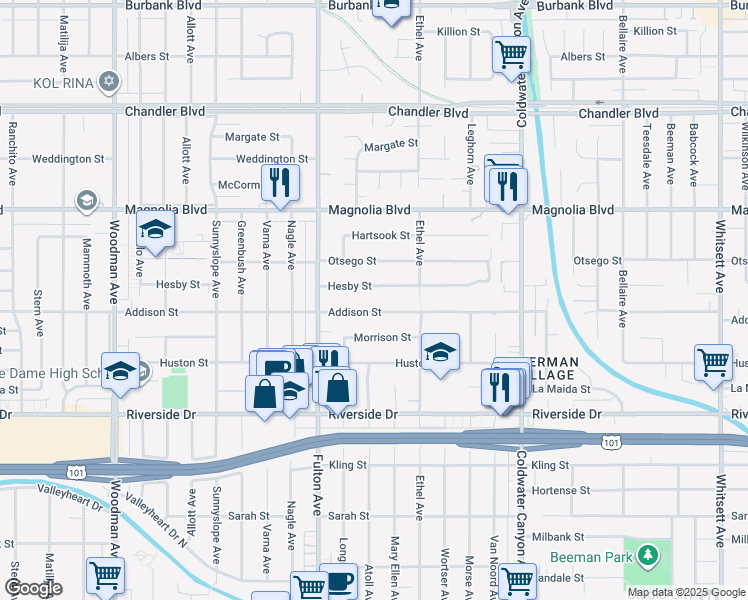 map of restaurants, bars, coffee shops, grocery stores, and more near 13200 Addison Street in Los Angeles