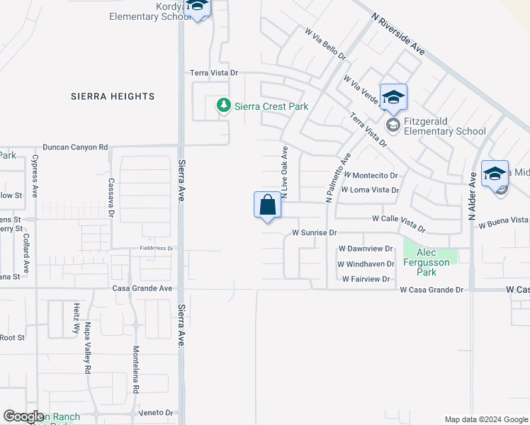 map of restaurants, bars, coffee shops, grocery stores, and more near 2874 West Calle Vista Drive in Rialto