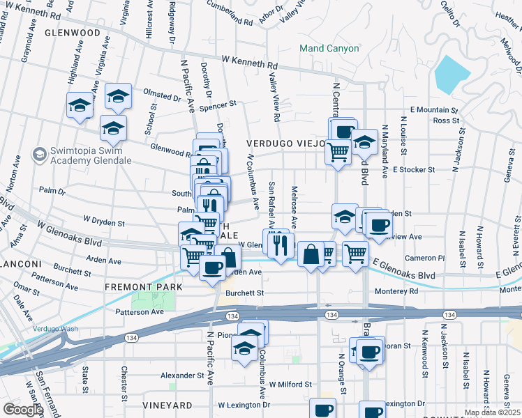 map of restaurants, bars, coffee shops, grocery stores, and more near 347 West Dryden Street in Glendale