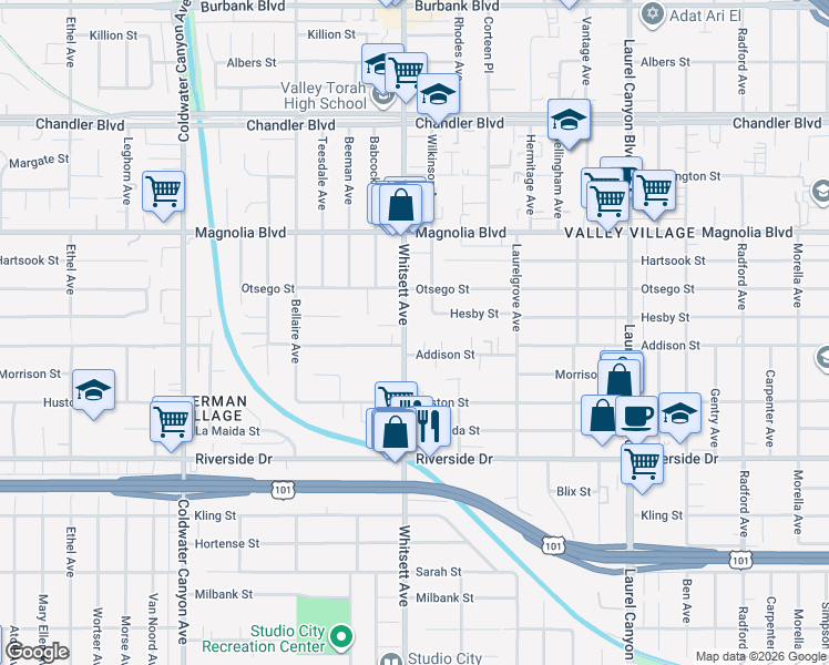 map of restaurants, bars, coffee shops, grocery stores, and more near 5014 Whitsett Avenue in Los Angeles