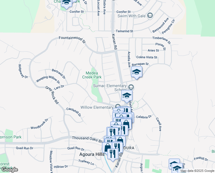 map of restaurants, bars, coffee shops, grocery stores, and more near 29049 Acanthus Court in Agoura Hills