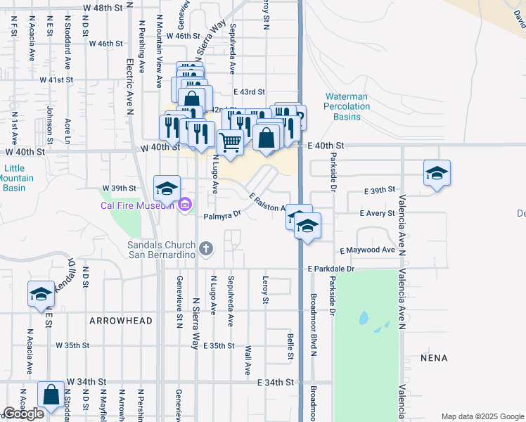 map of restaurants, bars, coffee shops, grocery stores, and more near 3824 Leroy Court in San Bernardino