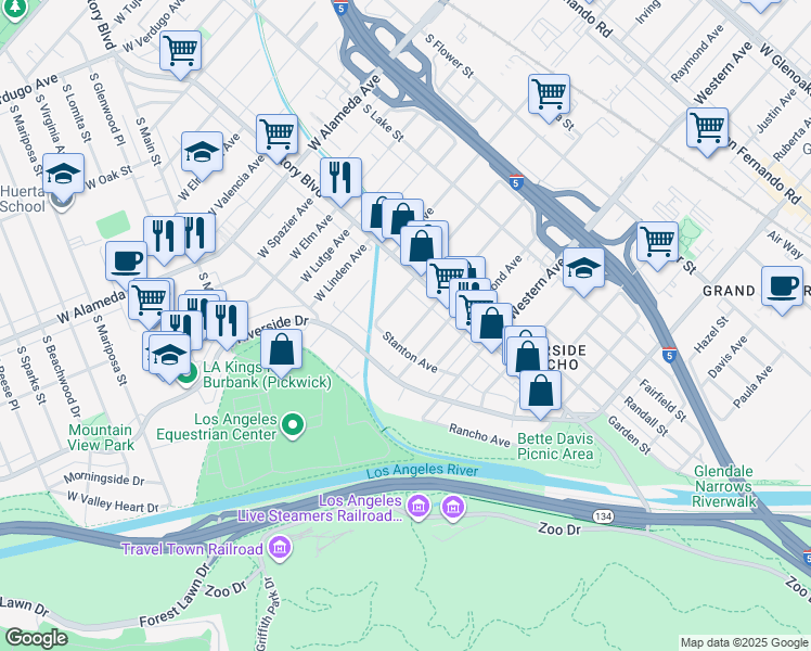 map of restaurants, bars, coffee shops, grocery stores, and more near 217 Thompson Avenue in Glendale