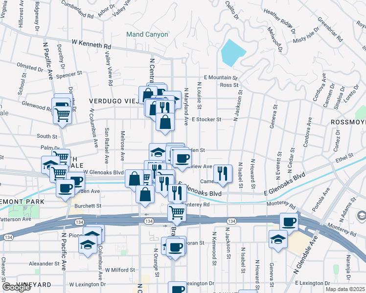 map of restaurants, bars, coffee shops, grocery stores, and more near 1101 North Maryland Avenue in Glendale