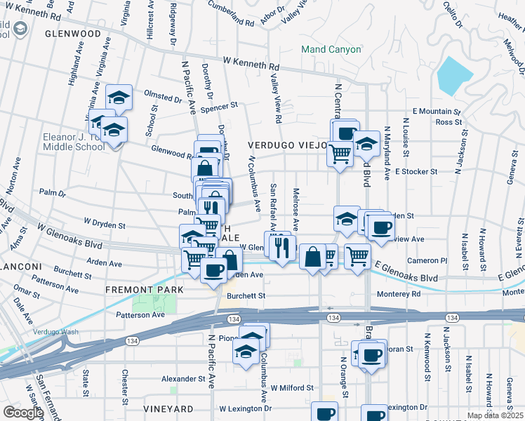 map of restaurants, bars, coffee shops, grocery stores, and more near 347 West Dryden Street in Glendale