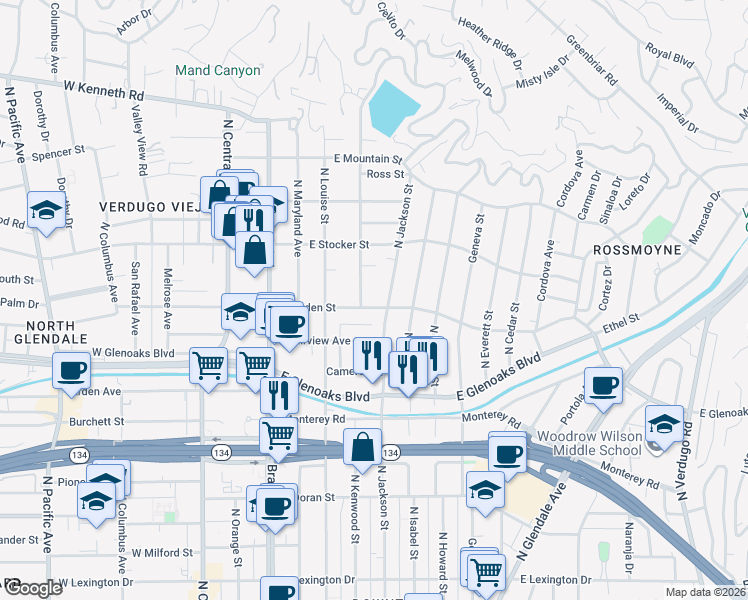 map of restaurants, bars, coffee shops, grocery stores, and more near 6 Sherman Lane in Glendale