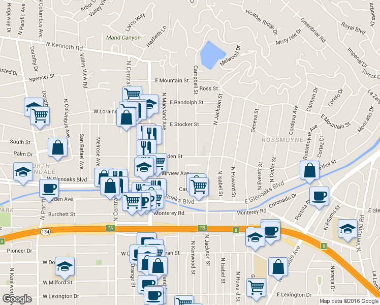 map of restaurants, bars, coffee shops, grocery stores, and more near 6 Sherman Lane in Glendale